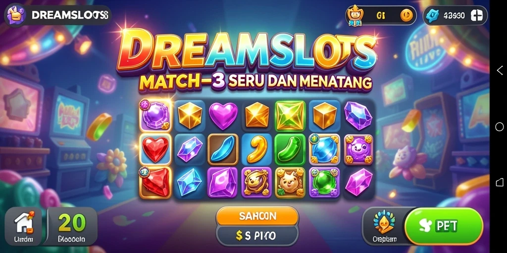 Screenshot gameplay DREAMSLOTS dengan kombinasi warna-warni yang menyenangkan.